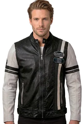 Produktbild von Mauritius - Herren Lederjacke Racingjacke Lammnappa schwarz weiß : XXL