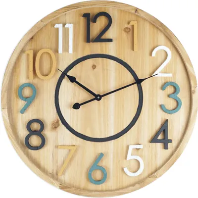 Image de Rebecca Mobili Horloge murale, forme ronde en bois, brune et colorée ø 50 cm