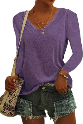 Produktbild von ASKSA Damen V-Ausschnitt T-Shirt Einfarbig Langarmshirts Oberteile Casual Lose Shirts Tee Tops, Violett, S
