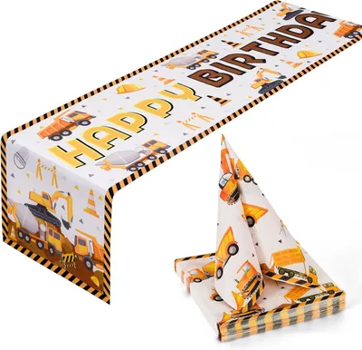 Productafbeelding van Graafmachine kinderverjaardagsdecoratieset - 180 x 35 cm - Tafelloper - Verjaardag met 20 bijpassende servetten - Happy