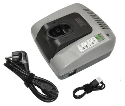 A battery charger and its accessories are displayed against a white background.