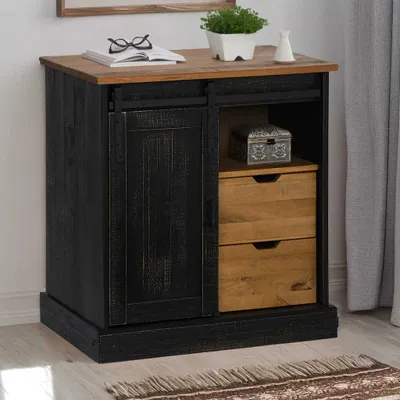 Produktbild von vidaXL Sideboard HALDEN mit Schiebetür Schwarz 80x40x80 cm Massivholz