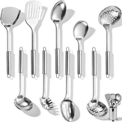 Image de Ensemble de 10 ustensiles de cuisine en acier inoxydable avec support