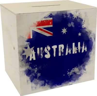 Produktbild von Spardose aus Holz mit Australien-Flagge im Used Look - Sparschwein für Urlauber