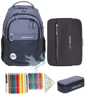 Produktbild von Schulrucksack Jungen Elephant Hero Signature 4 Teile Set Rucksack Schultasche + Mäppchen Box + Laptophülle + 31 tlg Stifte 13047 CB Schwarz Grau +rmlv
