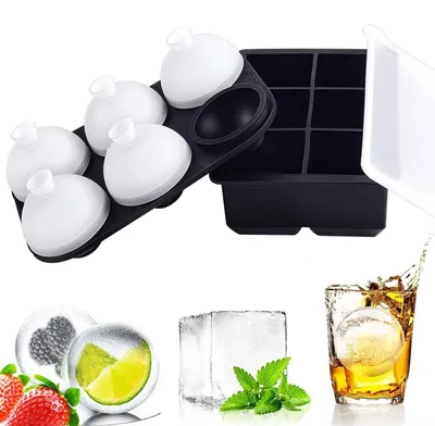 Obrázok produktu pre Forma na ľadové kocky – guľky a kocky, silikónová, s vekom, 5 cm, bez BPA, 6 guľôčok + 6 kociek