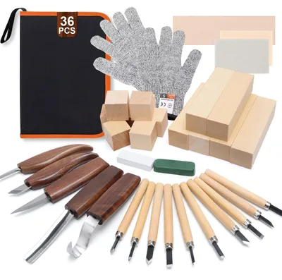 Holzschnitz-Set, 36-teilig, mit 5 Messern, 10 Detailmessern, 14 Blöcken