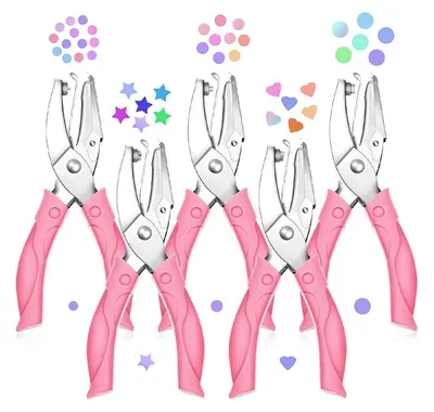 Image de Lochzange en papier, lot de 5, diamètre du trou : 1,5-6 mm, profondeur de perforation : 36 mm, poignée rose en métal, 5 motifs différents