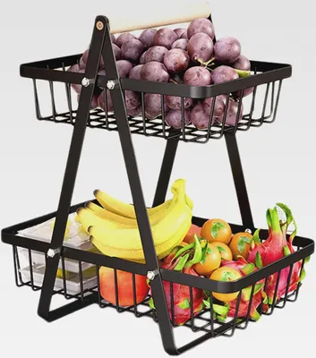 Produktbild von 2 Stöckig Obstkorb Etagere Schwarz - Obstschale Etagere mit Holzgriff - 2 Stöckig Metall Obstschale Küche - Abnehmbar Obst Halter Aufbewahrung für Brot Gemüse Snacks