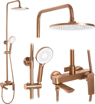 A collage of different views of a copper-colored shower set.