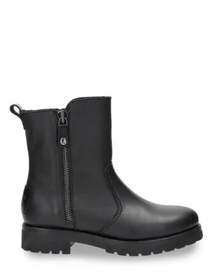 A black leather boot is shown against a white background.
