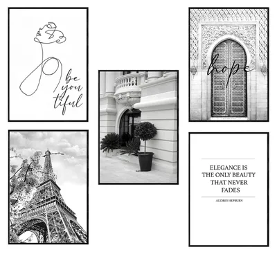 Produktbild von Postertech 5er Poster Set Paris Hope schwarz-weiß, Wandbilder Wohnzimmer, DIN A4 ohne Rahmen