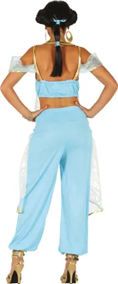 A woman is shown from the back wearing a blue costume.