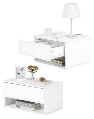 Image de Table de nuit suspendue avec tiroir et étagère ouverte blanche