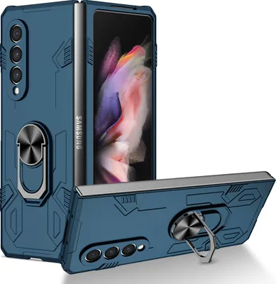 Image de Galaxy Z Fold3 Case, étui robuste en PC dur, résistant aux chocs avec anneau et support pour Samsung Galaxy Z Fold 3 5G Bleu foncé