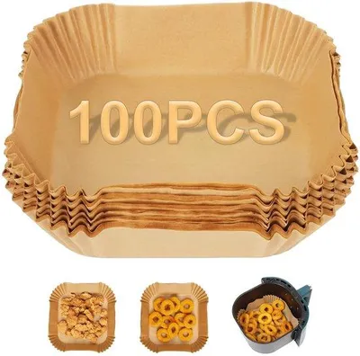 Immagine prodotto di Carta da forno per friggitrice ad aria, 100 fogli, resistente alle alte temperature, anti-olio, antiaderente, senza BPA, 16x16 cm
