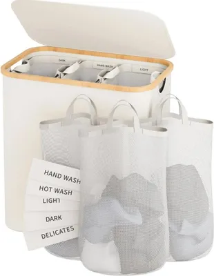 Image de Panier à linge avec couvercle - Panier à linge étroit - Capacité de 160 l - Filet amovible - Poignées en bambou - Pliable - Imperméable - Blanc