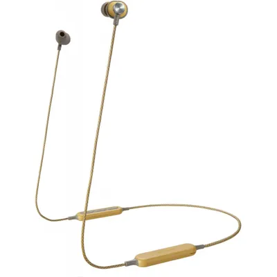 A pair of wireless earbuds with a gold and gray color scheme, presented against a white background.