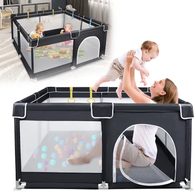 Zdjęcie produktu dla XMTECH kojec dla dziecka 180×150×68cm, kojec dla dziecka z oddychającą siatką i piłeczkami oraz 4 pierścieniami do ciągnięcia, bardzo duży kojec dla niemowląt i małych dzieci, solidny bezpieczny plac zabaw do zabawy w domu, ciemnoszary
