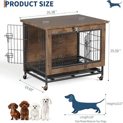 Image de Meuble-cage pour chien d'intérieur - Cage pour petits chiens - Avec roulettes - 2 portes - Table d'appoint - Structure en tubes d'acier