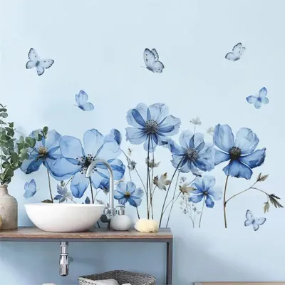 Produktbild von Wandsticker mit blauen Blumen & Schmetterlingen – selbstklebend, wasserfest & ablösbar – ideal für Bad, Wohnzimmer & Schlafzimmer