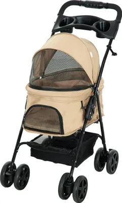 Produktbild von Klappbarer Hundewagen Buggy mit 2 Sicherheitsleinen & 2 Becherhaltern, 67x45x96cm, Khaki - Leichter Transport für kleine Hunde