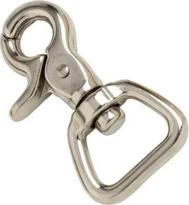 A close-up studio shot of a metal snap hook with a swivel ring.