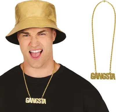 Productafbeelding van Gangsterketting uit de jaren '90, hiphopstijl, halsketting, carnaval, modeaccessoire, trendy, cool, opvallende sieraden, fashion, streetwear, retro, kleur: goud