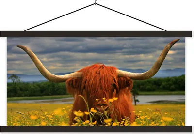 Produktbild von MuchoWow® Textilposter Schottisches Hochlandrind - Tiere - Blumen 120x60 cm mit schwarzem Rahmen - Dekoration Schlafzimmer