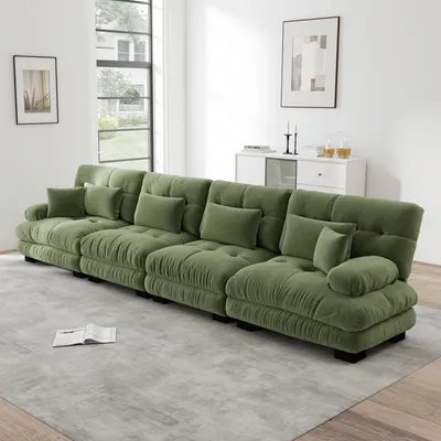 Produktbild von Chenille-Viersitzer-Ecksofa, modulares Schlafsofa, Tiefensitz, 406 x 77 x 81 cm, Grün
