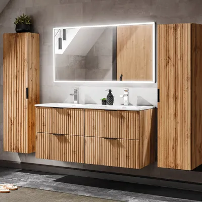 Produktbild von Badmöbel Komplett Set mit 121cm Waschtisch ADELAIDE-56 Wotaneiche Rillenoptik, B/H/T ca. 220/200/46 cm