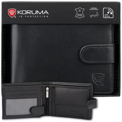 Produktbild von Geldbörse Herren RFID Echtleder Schwarz – kleiner Portemonnaie mit Münzfach & Kartenfächern – RFID Schutz. SM-905PBL / Koruma