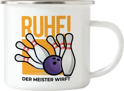 Produktbild von Ruhe! Der Meister Wirft Emaille Tasse Kegelbahn Sport Spiel Freizeit Kegeln Bowlingbahn Bowlingball Kegelball Pins
