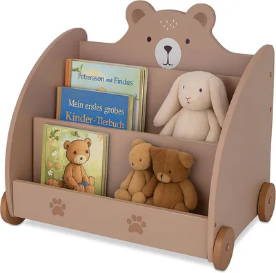 Immagine prodotto di Libreria per bambini a forma di orso - Dimensioni 58x60x40 cm - Dotata di rotelle - Angoli arrotondati - Realizzata in MDF - Colore marrone