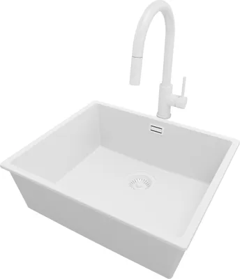 Produktbild von PRIMAGRAN Unterbauspüle Granit Alles Weiß 56x47cm, Spülbecken 1 Becken + Küchenarmatur 40x20cm + Ablauf-Set, Granitspüle ab 60er Unterschrank - London