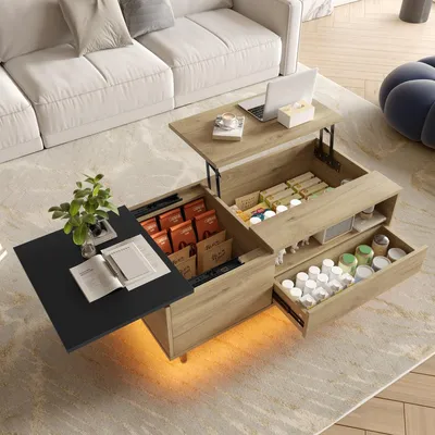 Produktbild von Couchtisch mit LED-Beleuchtung, Tischplatte höhenverstellbar, Holzoptik/Schwarz