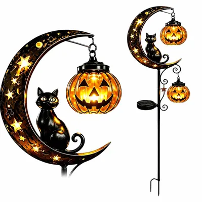 Produktbild von Halloween Gartendeko Solar, Gartenstecker mit LED Licht, schwarze Katze Mond und Kürbis Dekoration für Vorgarten Terrasse Garten und Außenbereich