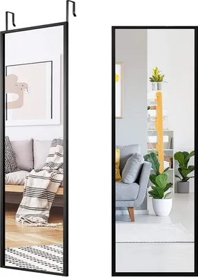 Two over-the-door mirrors are shown, one reflecting a living room scene with a couch and artwork, and the other reflecting a different living room with a couch, plants, and a staircase.