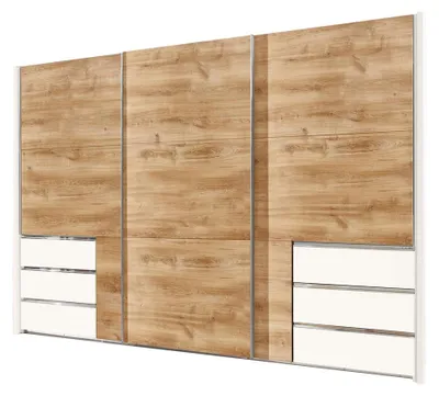 Immagine prodotto di Armadio a muro con ante scorrevoli, a 3 ante, con cassetti, in legno di rovere/bianco, 300x65x236cm