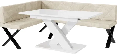 Produktbild von MEBLINI Eckbank für Esszimmer mit ausziehbarem Tisch - Küchenbank - Essecke - Sitzecke Küche - ERIC - X-Beine 142x196x87cm Links - Creme Samt/B Weiß Hochgl.