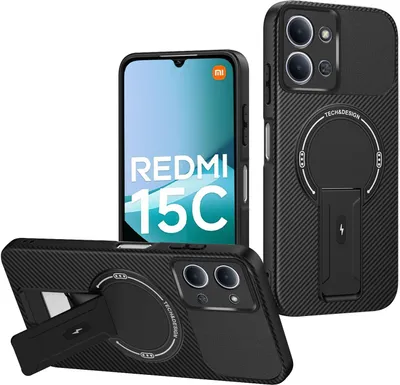 Image de Etui magnétique pour Xiaomi Redmi 15C 5G/ 15C 4G, design fibre de carbone, étui TPU hybride avec support Noir