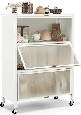 Produktbild von GOPLUS 4-stufiger Küchenlagerschrank, Küchenregal mit Rollen, Mikrowellenregal mit Metallrahmen, Universalräder, Klapptüren, Weiß
