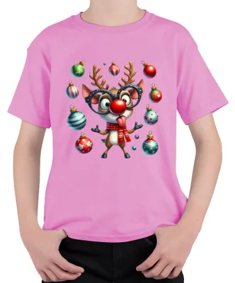 Produktbild von Rudolph Rentier mit Brille rote Nase Weihnachten süß Cartoon Kinder T-Shirt, Pink, 104