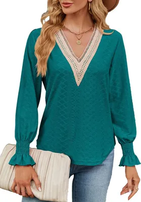 Image de ASKSA Femme Dentelle Col V Chemise Casual T-Shirts Elégant Chemise Manches Longues Tunique Tops, Vert, S