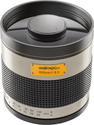 Produktbild von Walimex pro Spiegel Objektiv 800/8,0 DSLR kompatibel mit Canon R – Länge 131mm – für 800mm Brennweite – Vollformat/APS-C Sensor – Reise Natur Tiere – K-Mount T2-Adapter – 3,5m Naheinstellgrenze