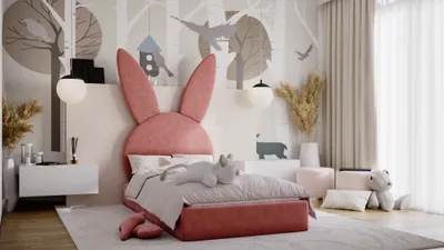 Produktbild von Kinderbett Polsterbett HÄSCHEN 90x200cm Stoff Bukla Dunkelrosa ohne Matratze