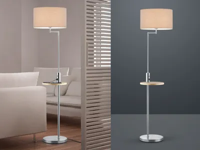 Produktbild von LED Stehlampe Silber mit Stoffschirm schwenkbar, Ablage-tisch & USB Anschluss