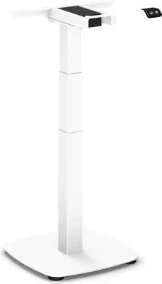 A white electric standing desk frame on a white background.