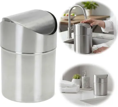 Produktbild von LS-LebenStil Edelstahl Papierkorb 12x16cm Silber Schwingdeckel Tisch Mülleimer kleiner Abfalleimer Kosmetikeimer mit Deckel für Küche Bad Badezimmer