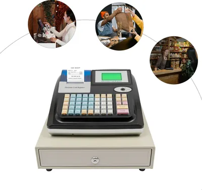 Zdjęcie produktu dla Kasa fiskalna dla małych firm, elektroniczna kasa fiskalna z szufladą i podwójnym wyświetlaczem